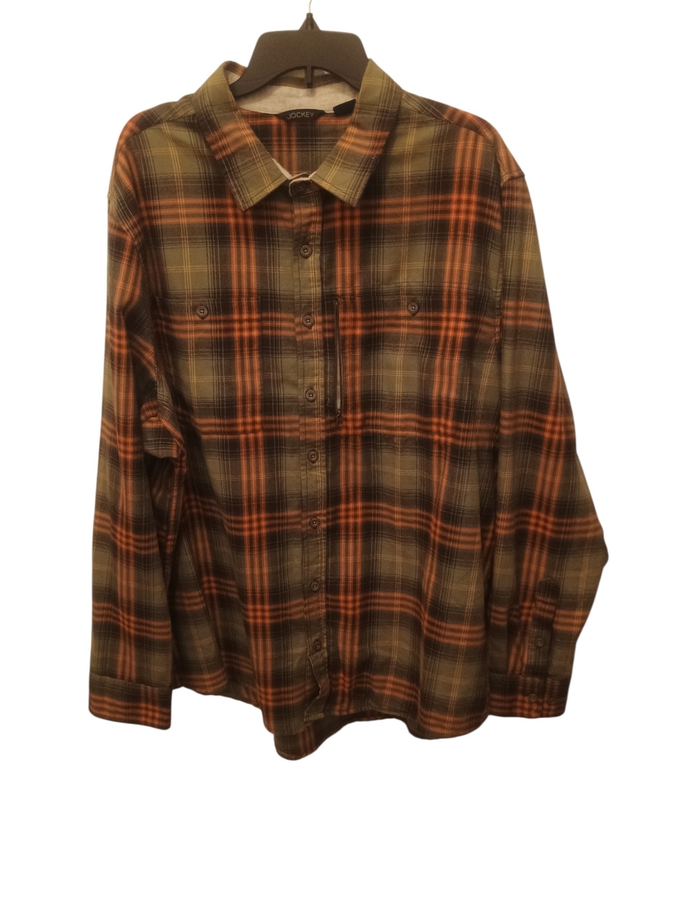 Jockey brand olive green and orange plaid flannel long-sleeve shirt Men XXL